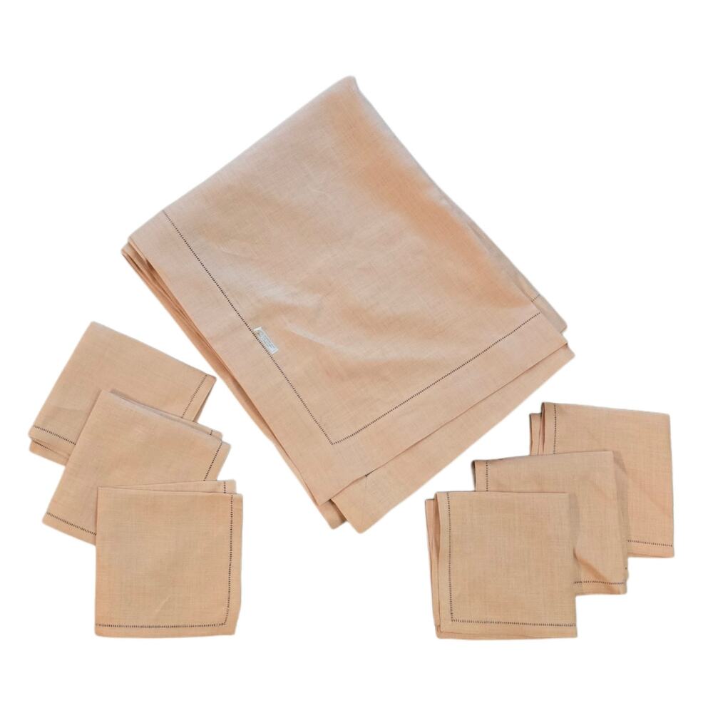 Irish Linen TableCloth & Napkin Set 7 Pieces Vintage Hand Drawn Peach Rectangle
